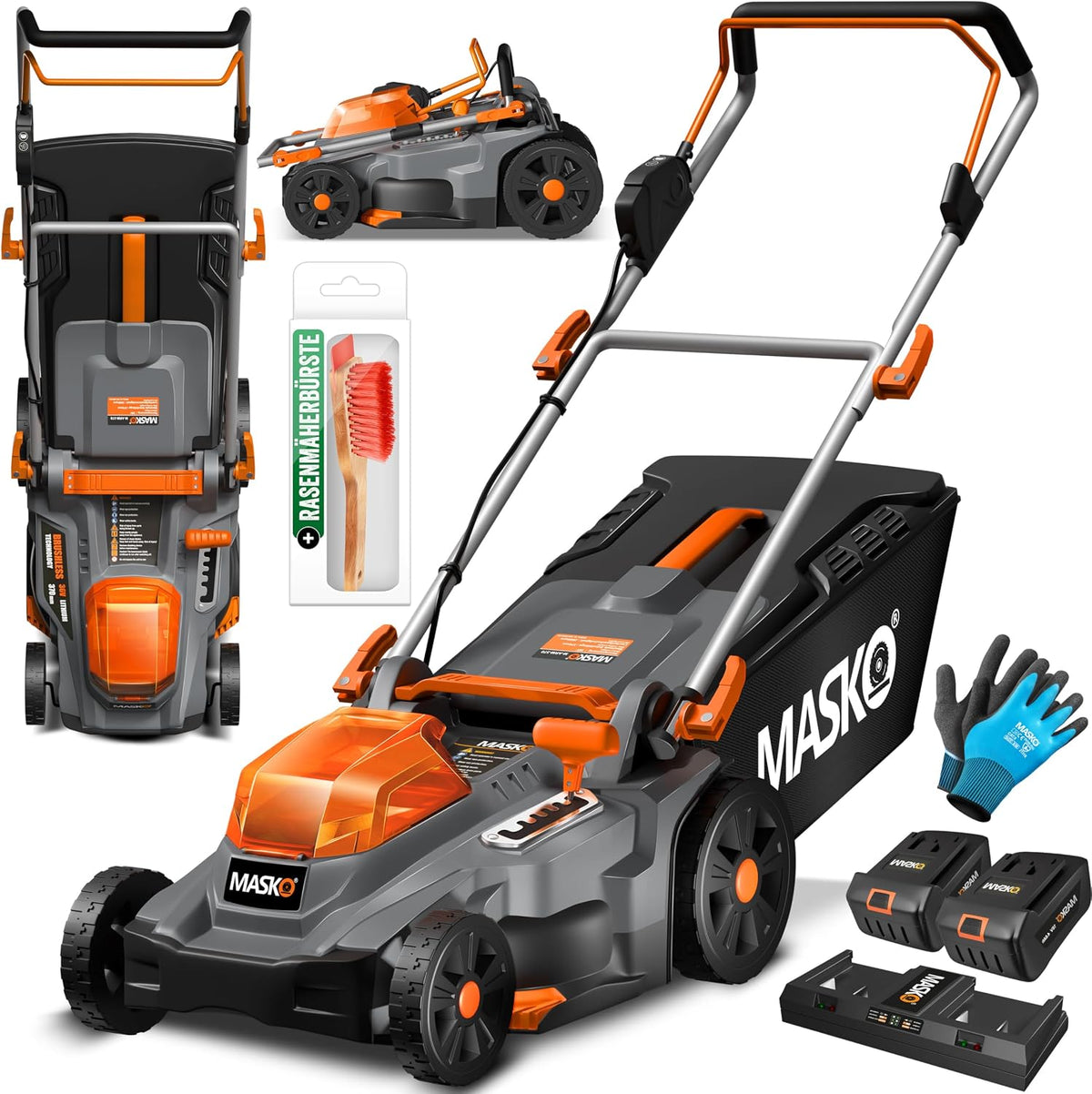 Corta-relva, MASKO, 4Ah, 37cm, 40L, 4,0 Ah, dobrável, altura regulável, regulável, aço, Preto / Laranja, para utilização no exterior