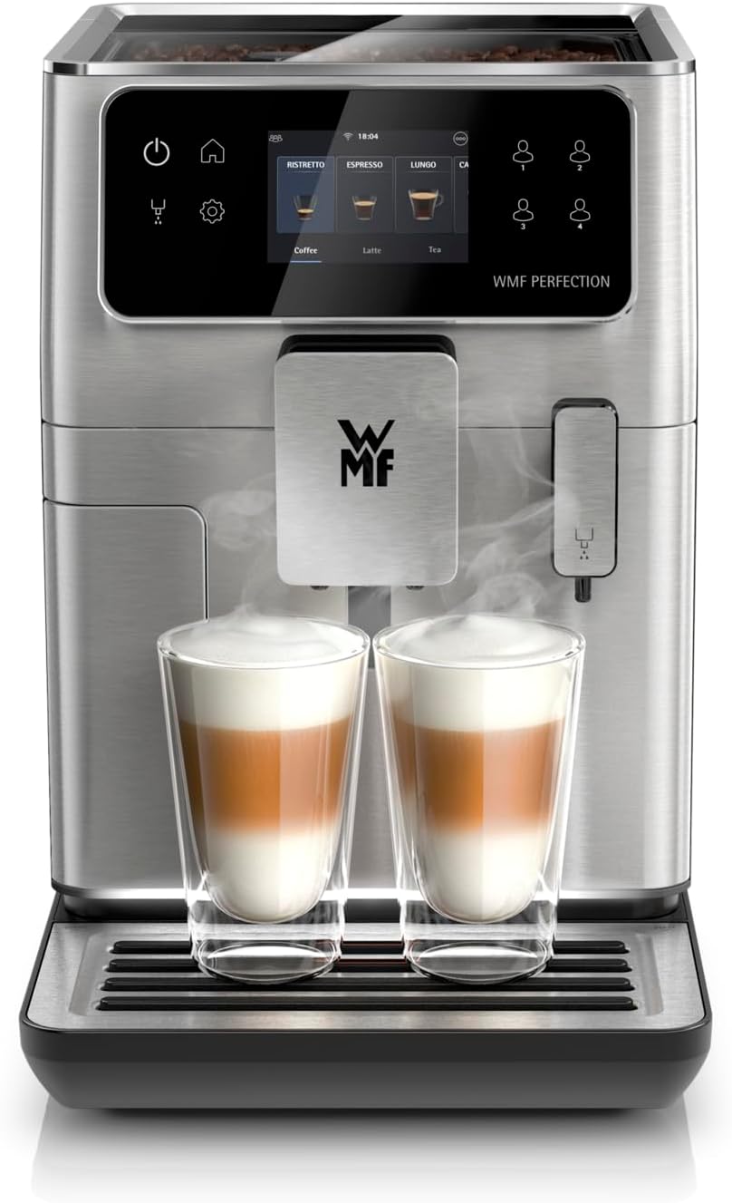 Máquina de café automática, WMF, Perfection, 37,1 cm, 15 bar, 1550 W, 250 g, 3l, com controlo por aplicação, aço inoxidável, aço, Prateado / Preto