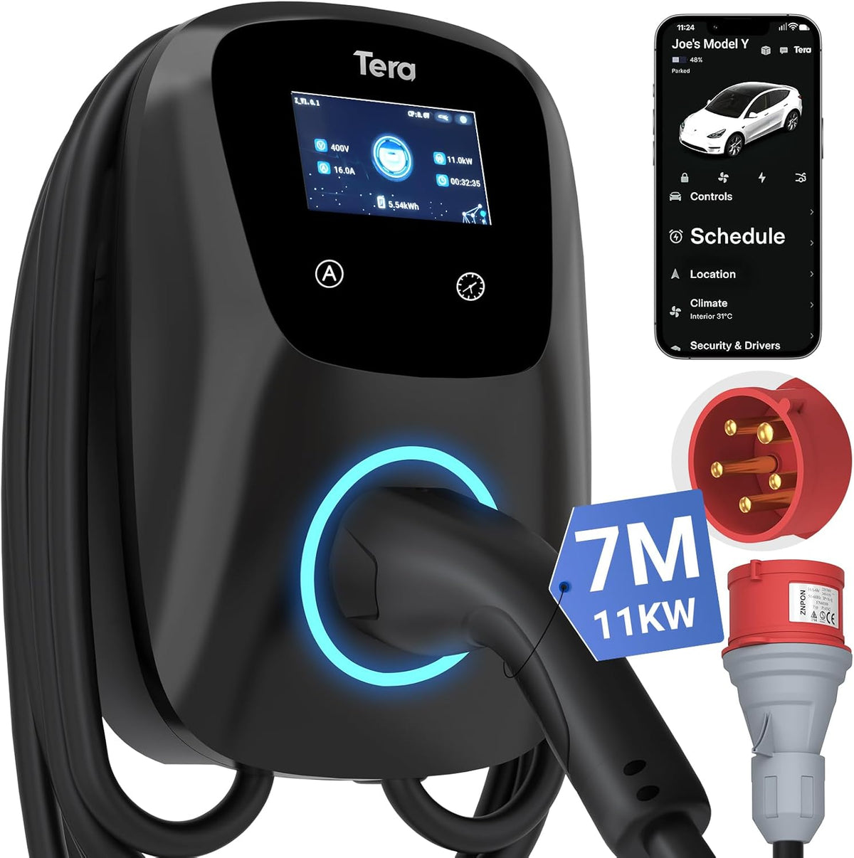 Carregador, Tera, Smart, 11kW, 16A, 400V, resistente à água, com controlo por aplicação, com carregador, Preto, para uso diário