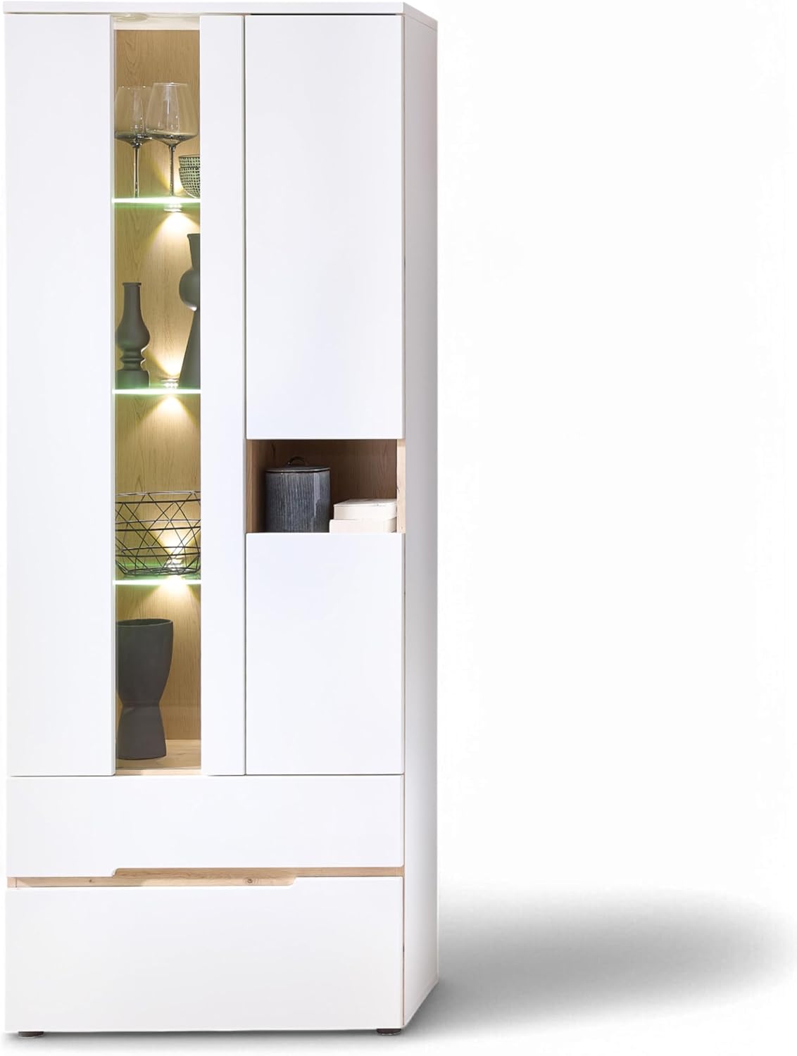 Vitrine, Stella Trading, Memphis, 38 cm, 75 × 197 × 38 cm, com iluminação LED, com gavetas, com portas, madeira, Branco, para uso diário