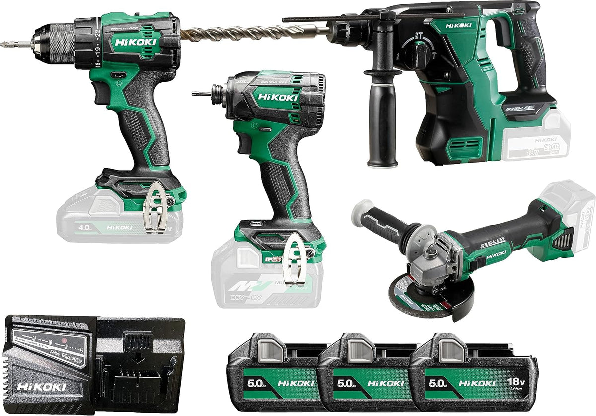 Berbequim aparafusador, HIKOKI, Combo-Kit, 18V, 5.0 Ah, com bateria, com carregador, madeira, plástico, Verde / Preto, para trabalhos de manutenção