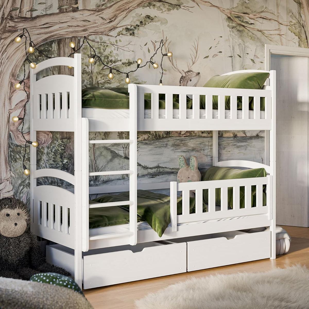 Cama, Kids Collective, Hochbett, 90 × 200 cm, 100kg, com gavetas, madeira, Branco / Verde, para o quarto