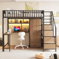 Cama, Merax, Metall, 140 × 200 cm, com iluminação LED, com gavetas, com prateleiras, madeira, metal, Preto / Castanho / Branco, para o quarto
