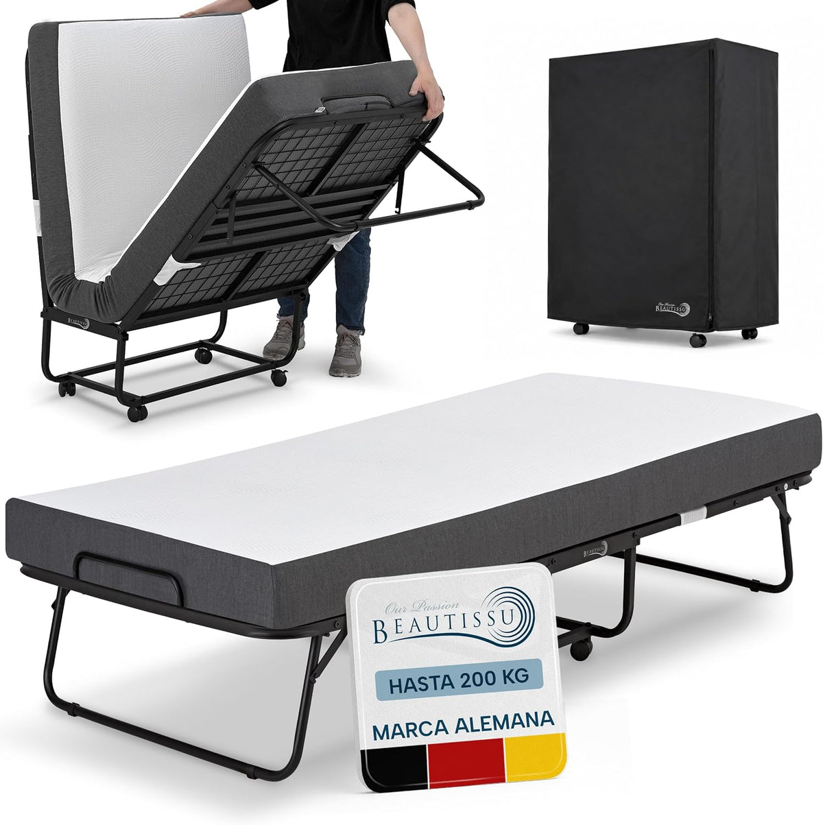 Cama, Beautissu, 13 cm, 10 cm, 3 cm, 200 KG, 90 × 200 cm, dobrável, com rodas, Preto, para o quarto