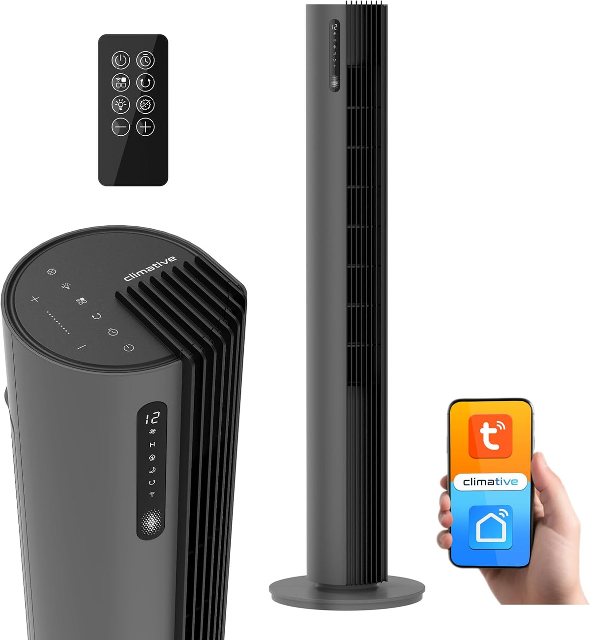 Ventoinha de torre, Climative, 110 cm, 30W, 12 níveis, com comando à distância, com temporizador, com controlo por aplicação, Cinzento