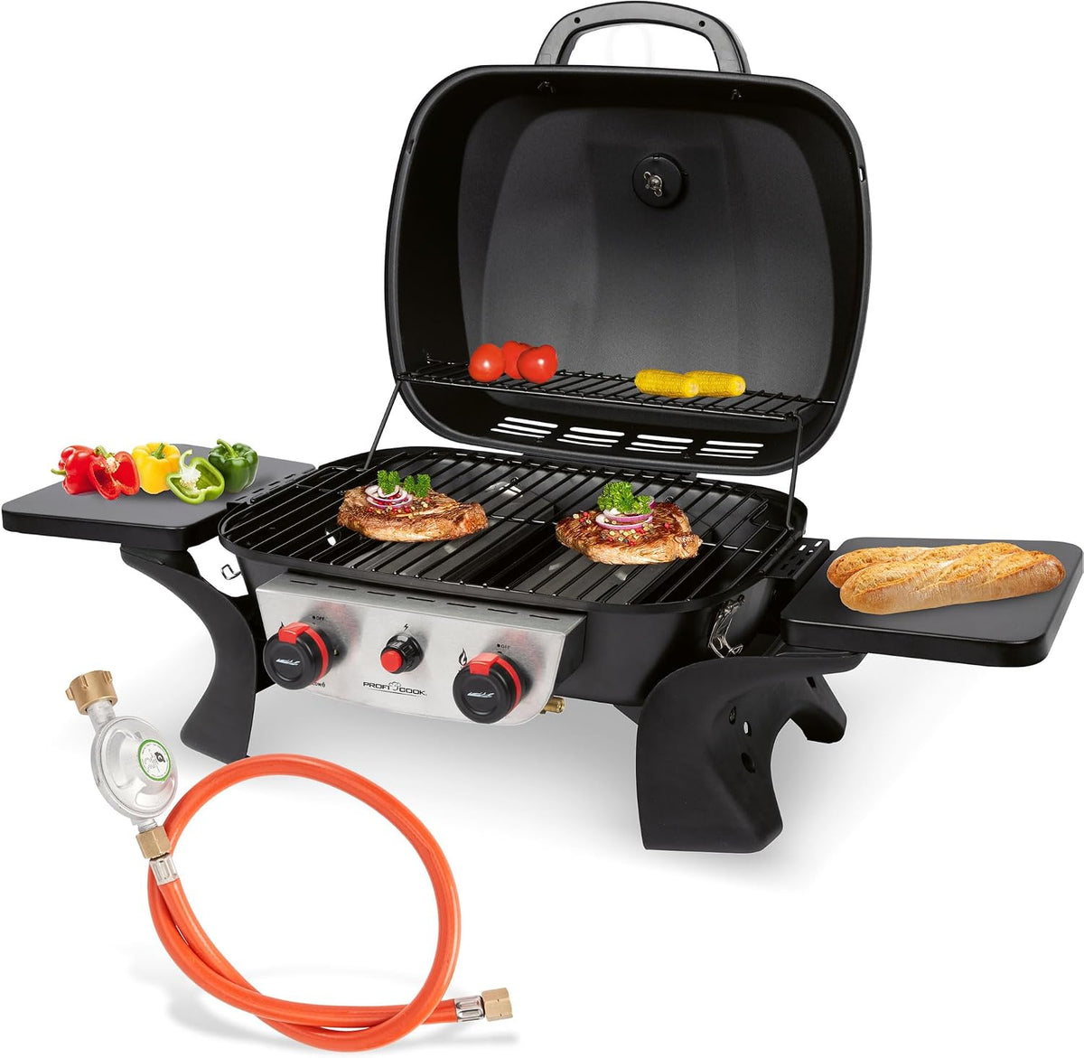Grelhador a gás, Profi Cook, 36 cm, 42 × 36 cm, dobrável, aço inoxidável, aço, Preto / Prateado, para utilização no exterior