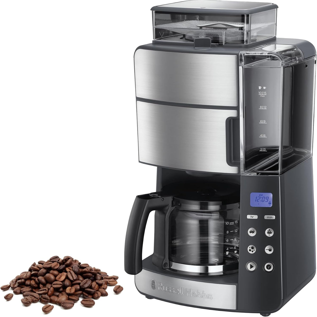 Torradeira, Russell Hobbs, Kaffeemaschine, 25l, 250g, com temporizador, com função de autolimpeza, vidro, Preto / Prateado, para a cozinha