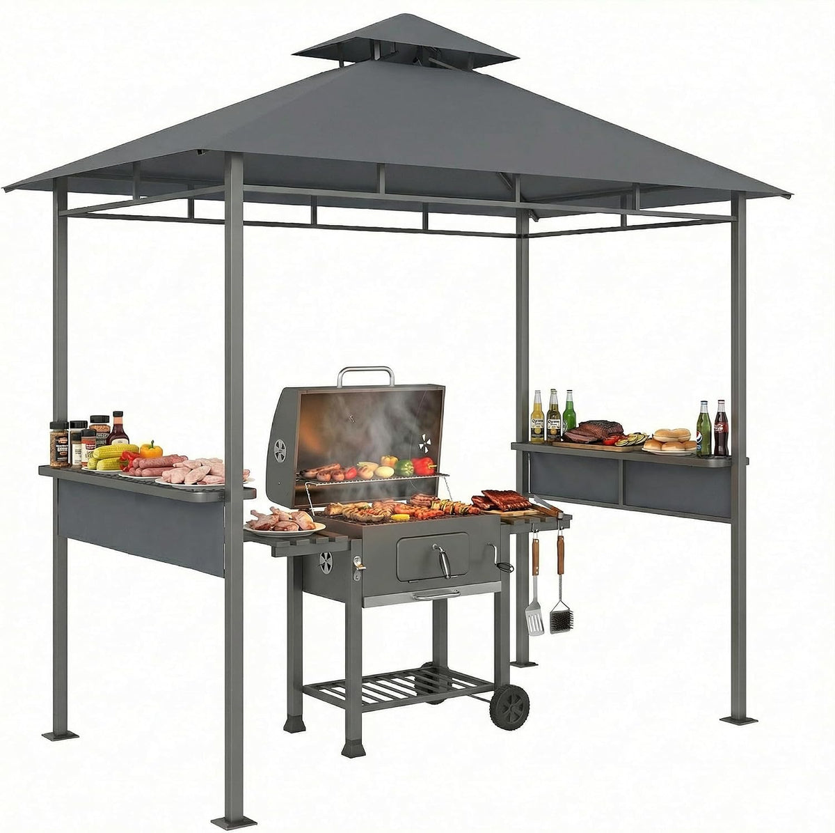 Tenda de jardim, Outsunny, Grillpavillon, 2,4 × 1,4 m, 245L, 206L, 190 cm, 118L, poliéster, DunkelCinzento, para utilização no exterior