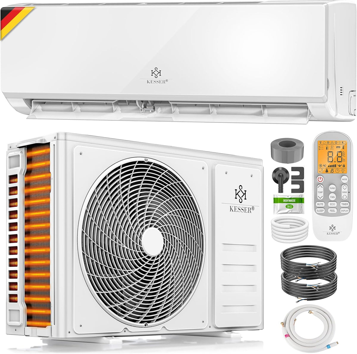 Ar condicionado split, KESSER, Klimaanlage, 2.600W, com comando à distância, com temporizador, com controlo por aplicação, Branco, para uso diário