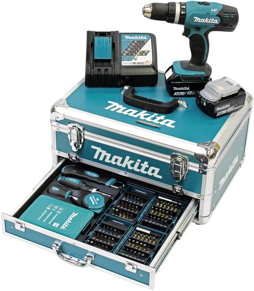Makita, Berbequim aparafusador, DHP453RFX2, 18 V, 3,0 Ah, 16 níveis, Azul / Prateado, para trabalhos de manutenção