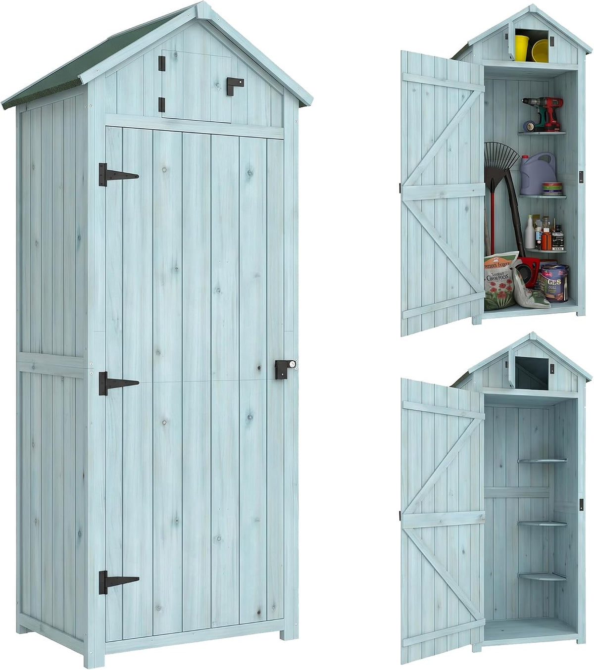 Abrigo de jardim, Outsunny, Gartenschrank, 77 × 54,2 × 179cm, 77L, resistente à água, madeira, HellAzul / Verde, para utilização no exterior