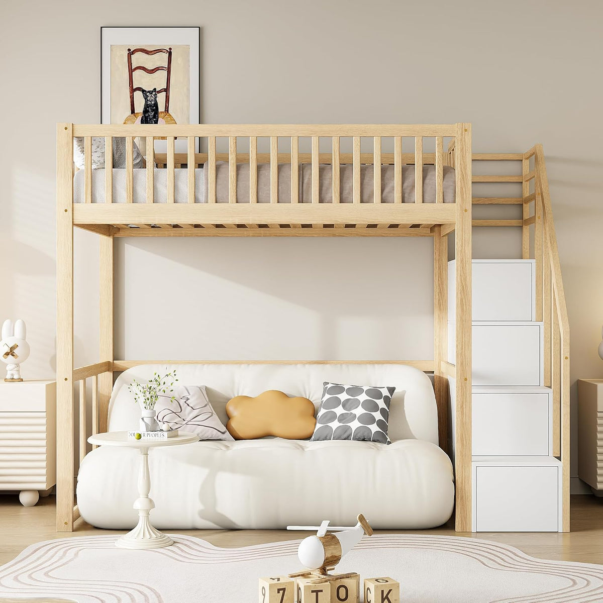 Cama, Moimhear, Hochbett, 90 × 200cm, 140 cm, 180 cm, 240 × 96 × 180 cm, sem colchão, madeira, Holzfarbe / Branco, para o quarto