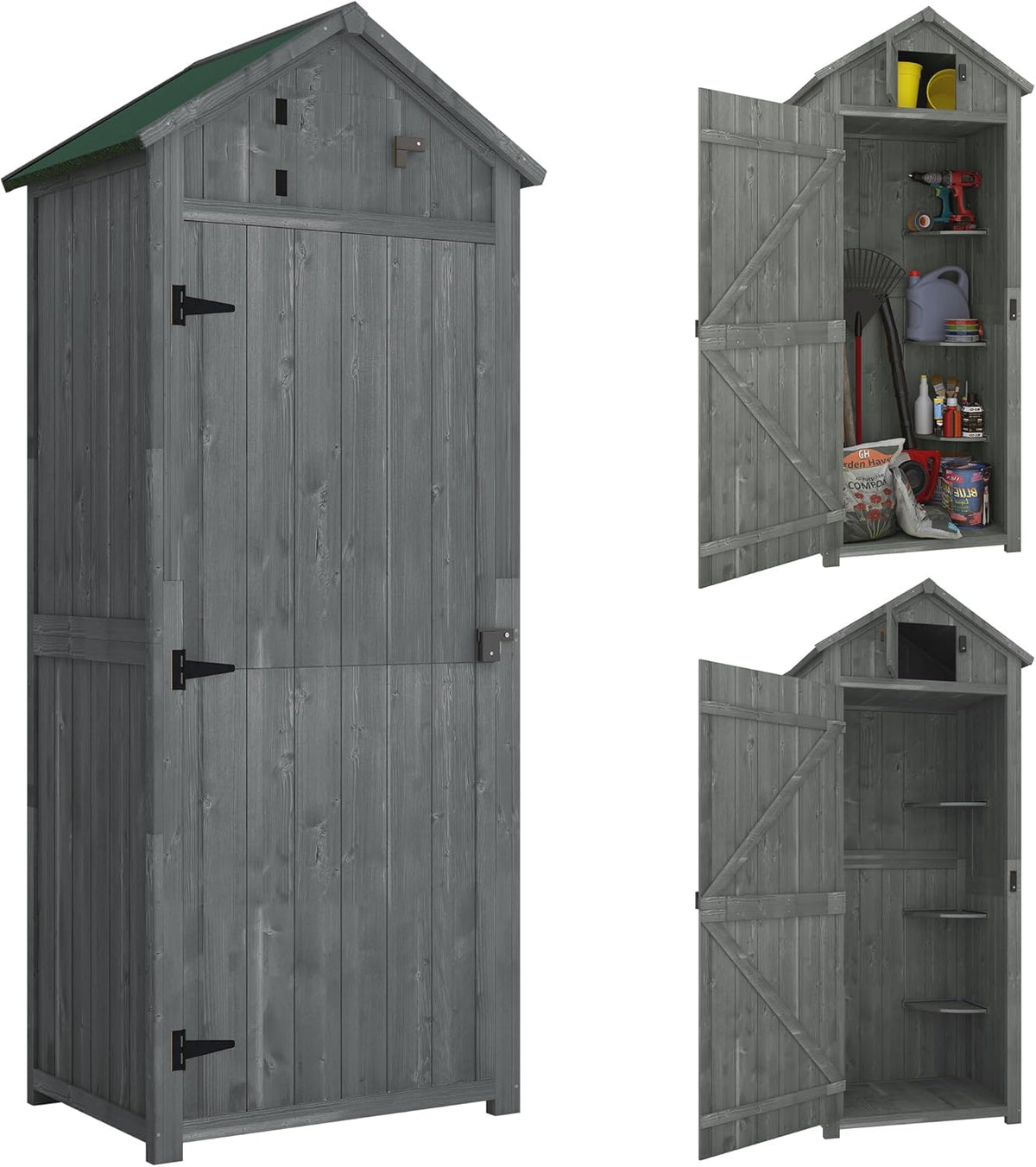 Abrigo de jardim, Outsunny, Gartenschrank, 77 × 54,2 × 179cm, 77L, resistente à água, madeira, Cinzento / Verde, para utilização no exterior