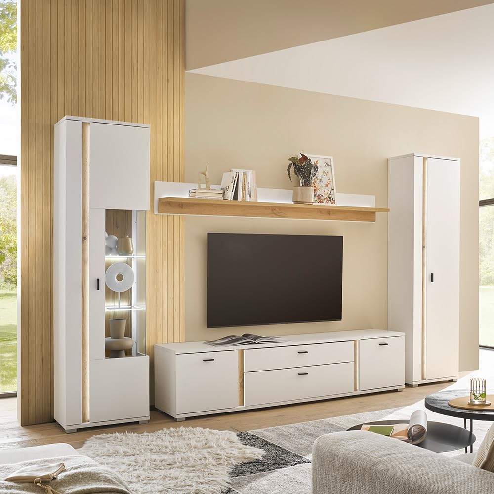 Móvel de TV, Lomadox, Wohnwand, 35 cm, 42 cm, 18 cm, com iluminação LED, painel de madeira, metal, Branco / Eiche, para a sala