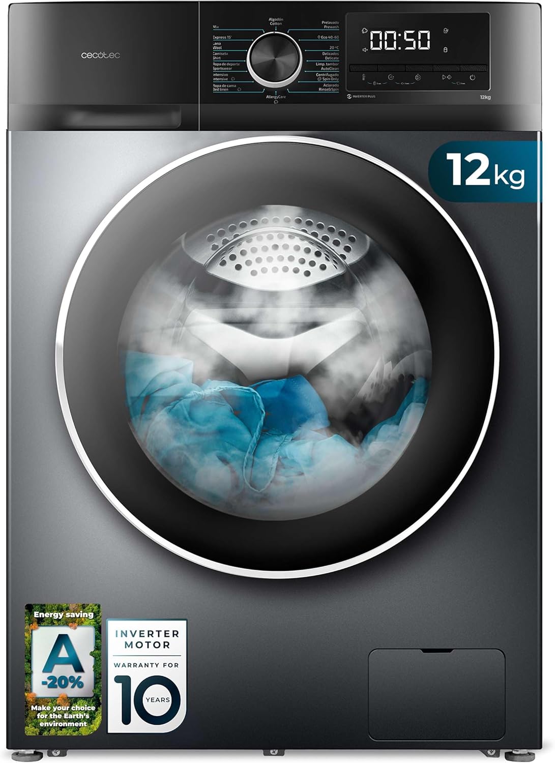 Máquina de lavar roupa, Cecotec, Waschmaschine, 12 kg, 1400 U/min, classe energética A, 16 programas, algodão, tecido, Preto / Prateado
