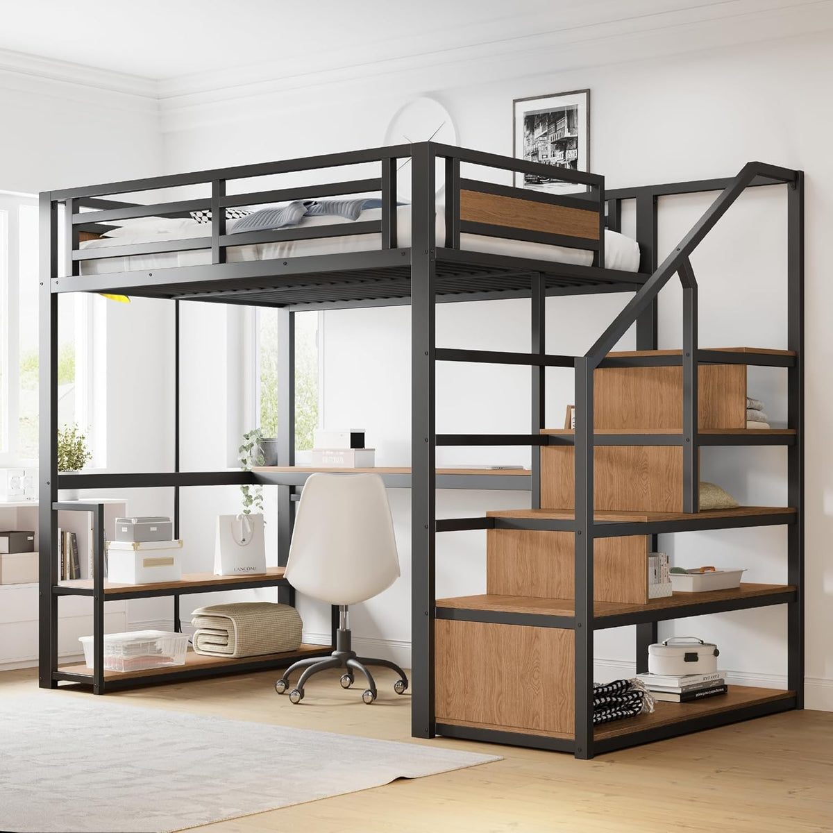 Cama, Merax, Hochbett, 200 cm, 140 × 200 cm, 150 kg, com prateleiras, sem colchão, madeira, metal, Preto / Castanho, para o quarto