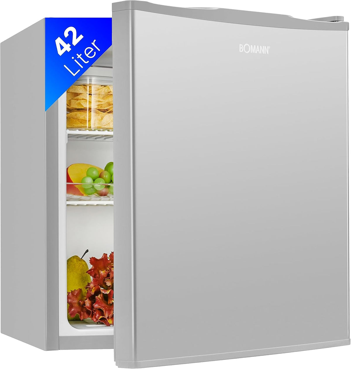 Minifrigorífico, Bomann, Mini, 39 dB, 51 × 45 × 45 cm, 42L, Prateado, para uso diário