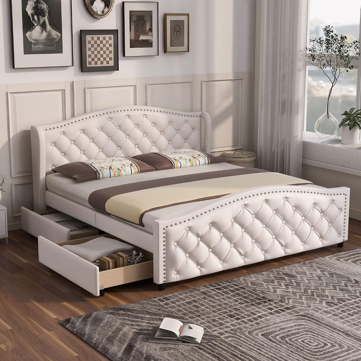 Cama, HESHU, Polsterbett, 140 × 200 cm, 99 cm, com rodas, com gavetas, sem colchão, aço, madeira, Branco, para o quarto