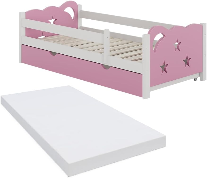 Cama, VitaliSpa, Kinderbett, 80 × 160 cm, 53 cm, 86 cm, 84 cm, 166 × 53 × 86 cm, com colchão, madeira, Rosa / Branco, para o quarto