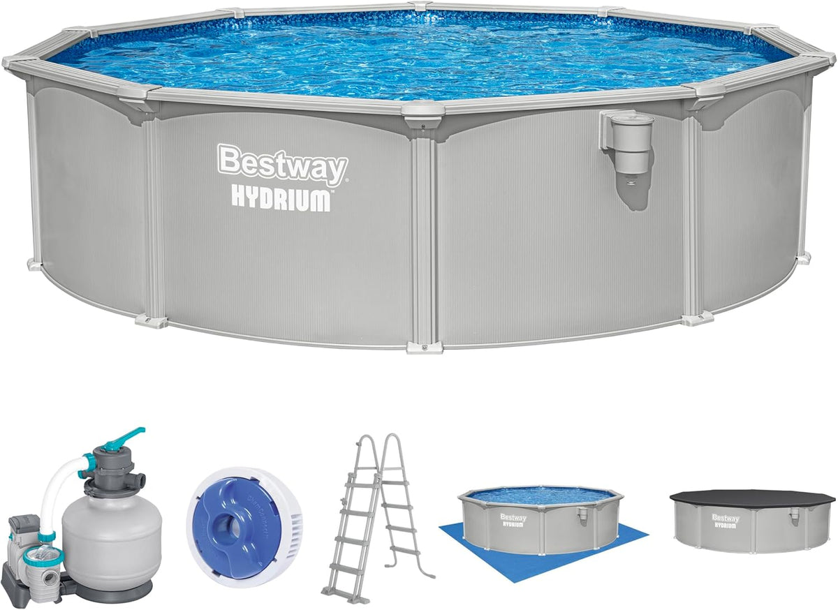 Piscina com estrutura metálica, Bestway, Hydrium, 122 cm, 457 × 122 cm, 6.056 l/h, 230 W, 1.000 g, aço, Cinzento / Azul, para utilização no exterior