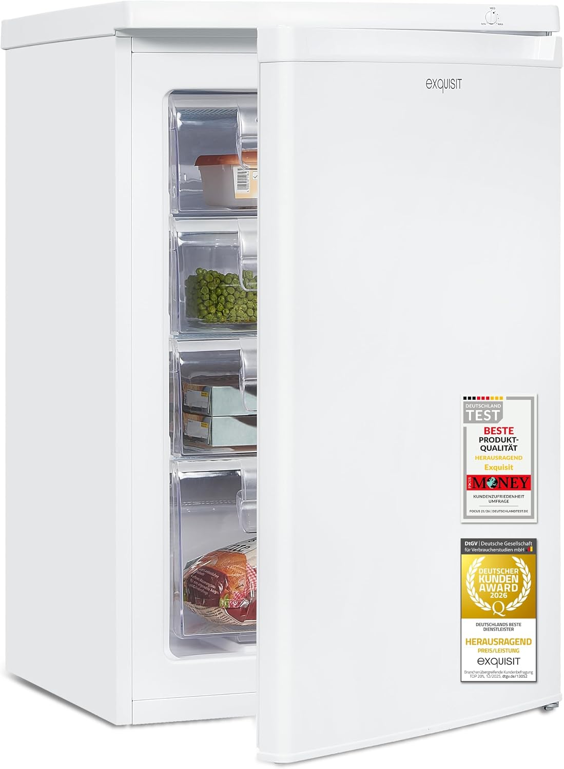 Congelador vertical, Exquisit, GS512-040E, 91 l, 40 dB, 58,0 cm, 4,4 kg, 85,5 × 55,0 × 58,0 cm, altura regulável, regulável, Branco, para uso diário