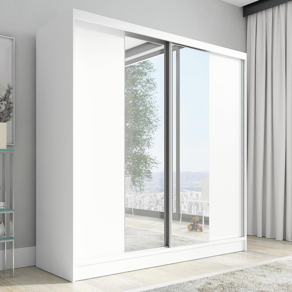 Roupeiro, A&J MöbelLand, Schwebet, 200 cm, com rodas, com prateleiras, com portas, alumínio, Branco, para o quarto