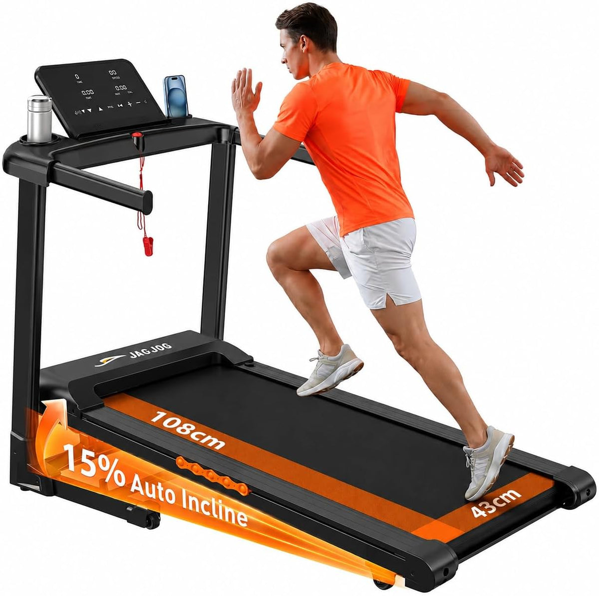 Passadeira elétrica, JAGJOG, Laufband, 14 km/h, 136 kg, 12 programas, 20 cm, dobrável, com rodas, Preto / Laranja, para uso diário