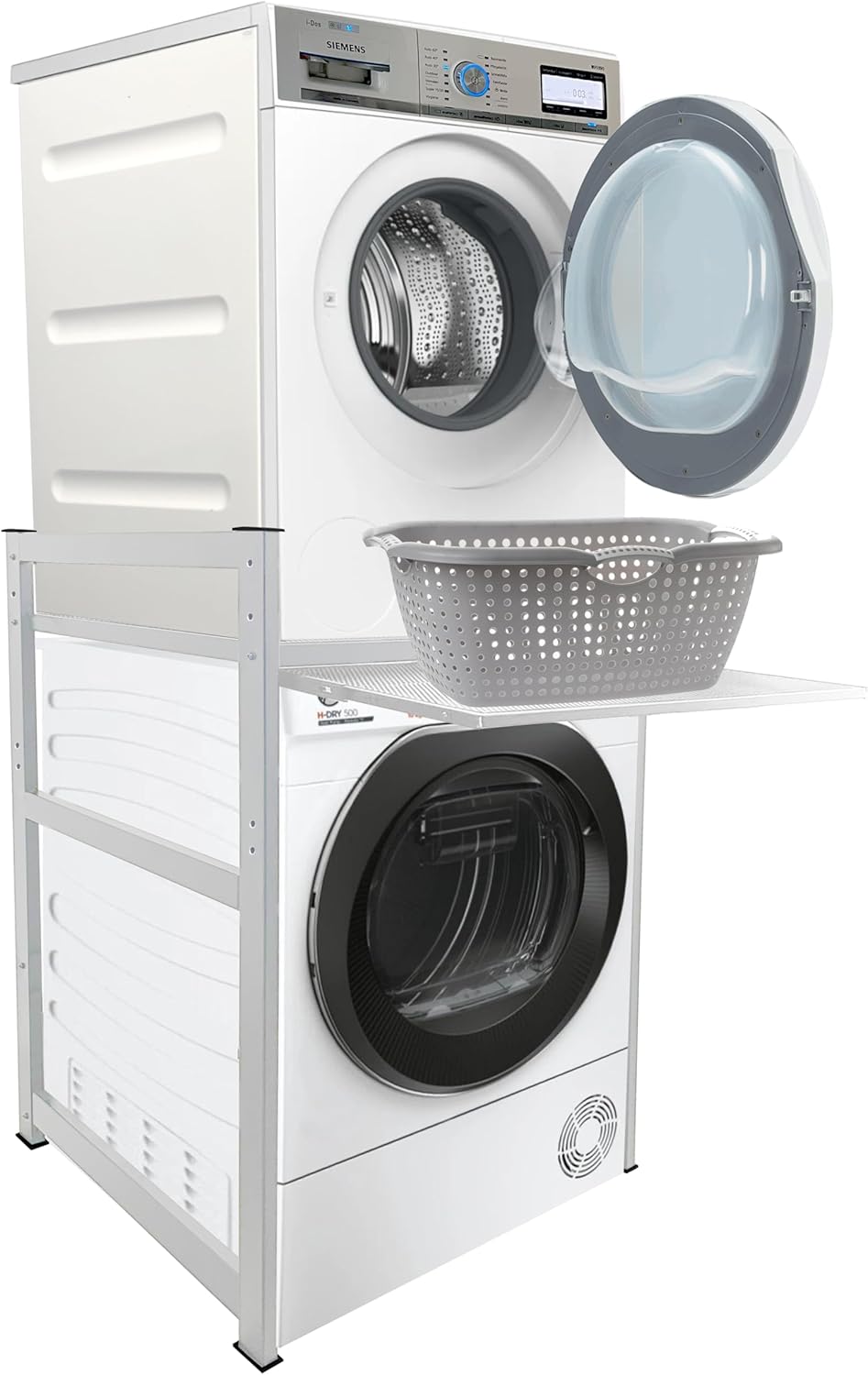 Máquina de lavar roupa, QUICK STAR, Waschmaschinenregal, 74 × 65 × 111cm, 15kg, 25kg, 400kg, 99cm, altura regulável, regulável, aço, Branco / Prateado