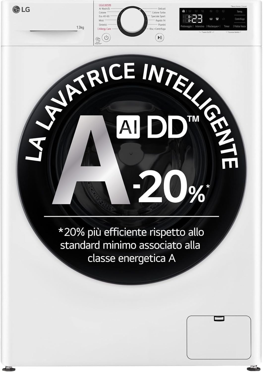 LG, Máquina de lavar roupa, F4R3013NSWB, 13 kg, classe energética A-, 61,5 cm, classe energética A, aço inoxidável, aço, Branco / Preto