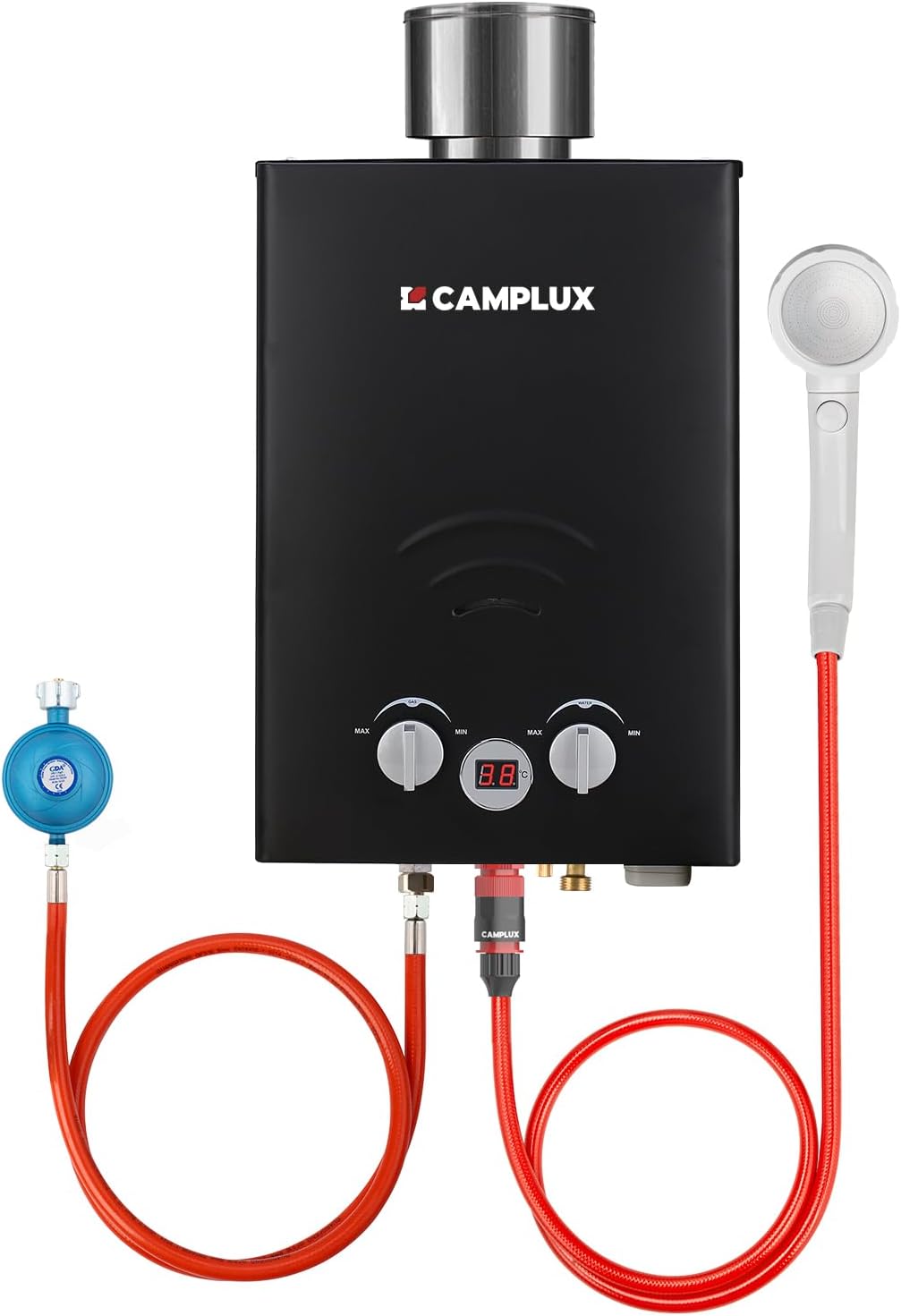 Esquentador, CAMPLUX, BW158BC-DE, 12kW, 6 L, 8 bar, 300 × 130 × 440 mm, 2 ', Preto / Vermelho / Branco, para uso diário
