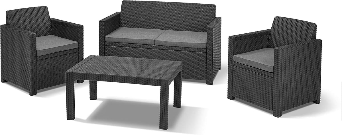 Conjunto de mobiliário de jardim, Keter, Merano, 77 cm, 43 cm, 65 × 67 × 77 cm, 129 × 67 × 77 cm, 92 × 59 × 43 cm, ratã, plástico, Cinzento