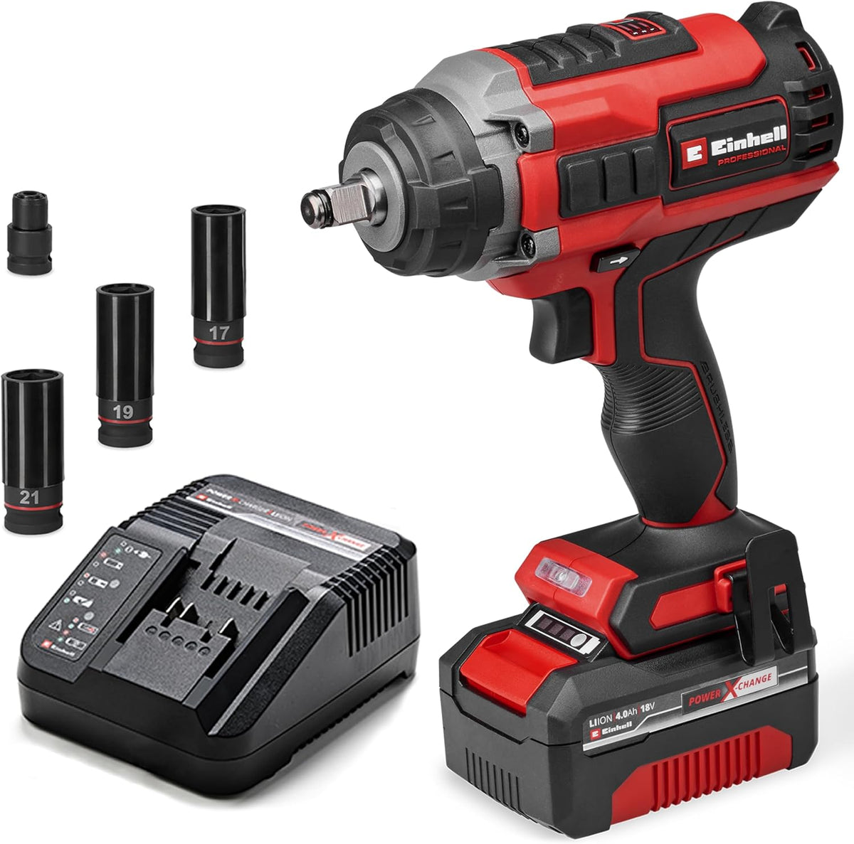Einhell, Chave de impacto, Professional, 0Ah, 18 V, 4 Ah, 4,0 Ah, com bateria, com carregador, Vermelho / Preto, para uso diário