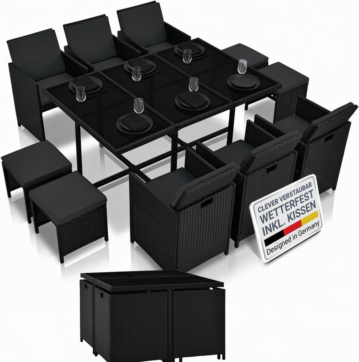 Conjunto de mobiliário de jardim, Juskys, Polyrattan, 74 cm, 109 cm, 4 cm, 167 × 109 cm, 167 × 109 × 74 cm, ratã, Preto, para utilização no exterior