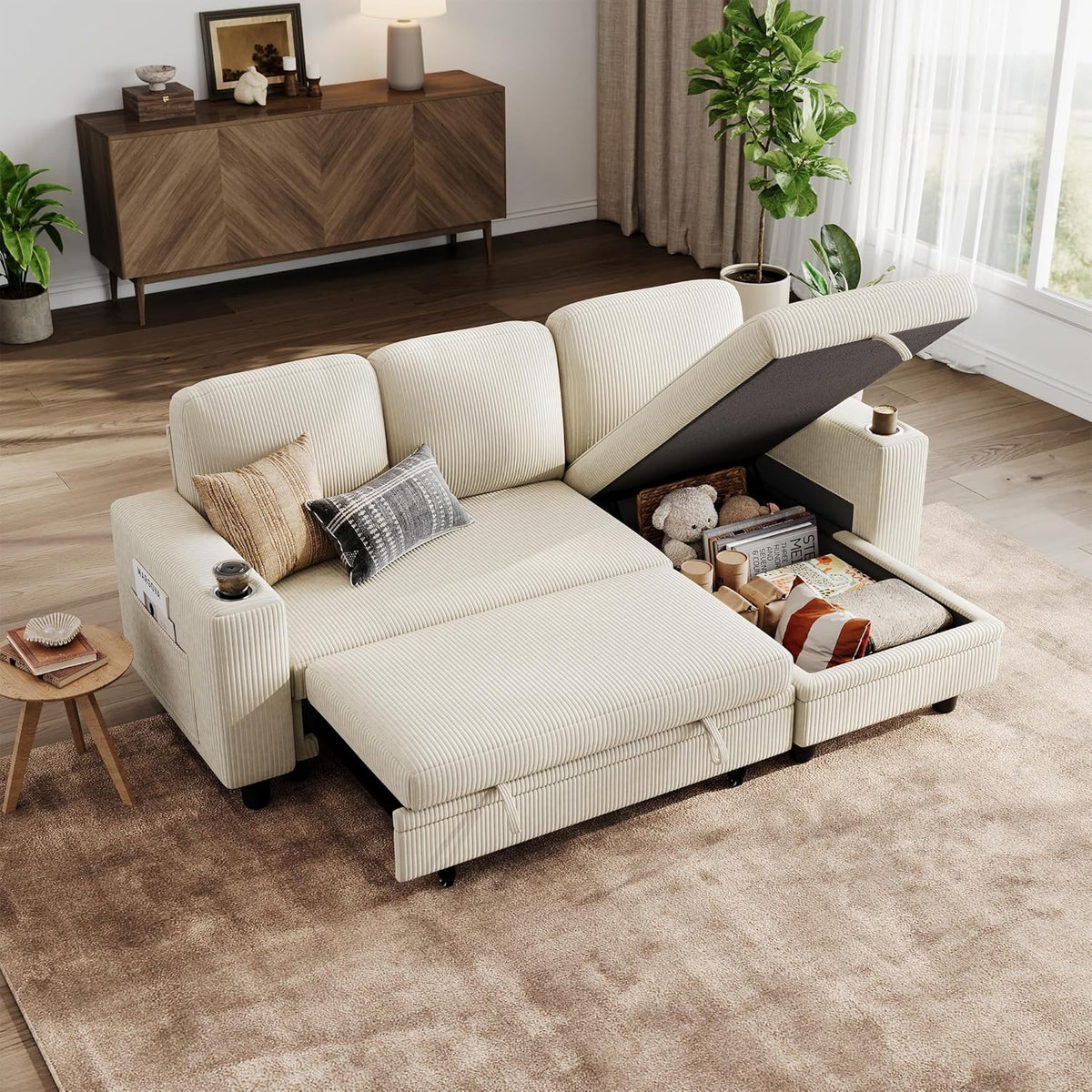 Sofá, LINSY HOME, Schlafsofa, com comando à distância, com rodas, com prateleiras, madeira, Bege, para a sala