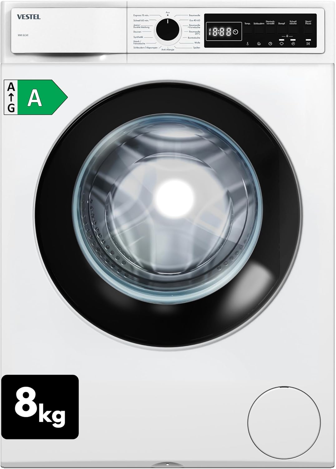 Máquina de lavar roupa, Vestel, WMI, 8 kg, 1400 U/min, classe energética A, 7cm, algodão, Branco / Preto, para uso diário