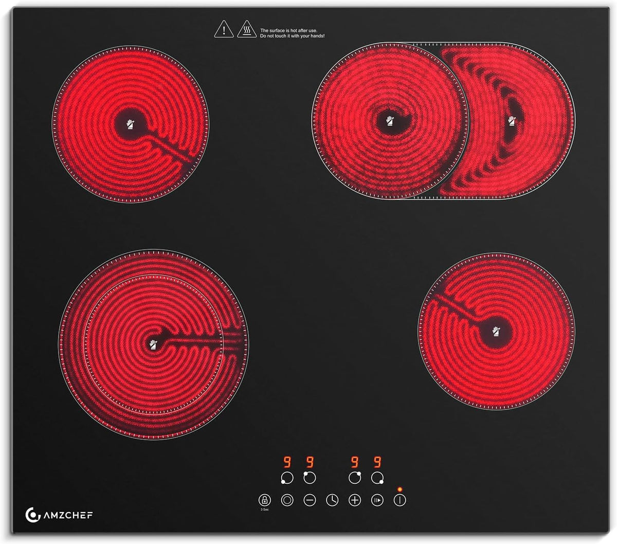Placa de cozinha, AMZCHEF, Glaskeramikkochfeld, 7200W, 60 cm, 2200 W, 2000 W, com temporizador, aço inoxidável, aço, Preto / Vermelho, para a cozinha