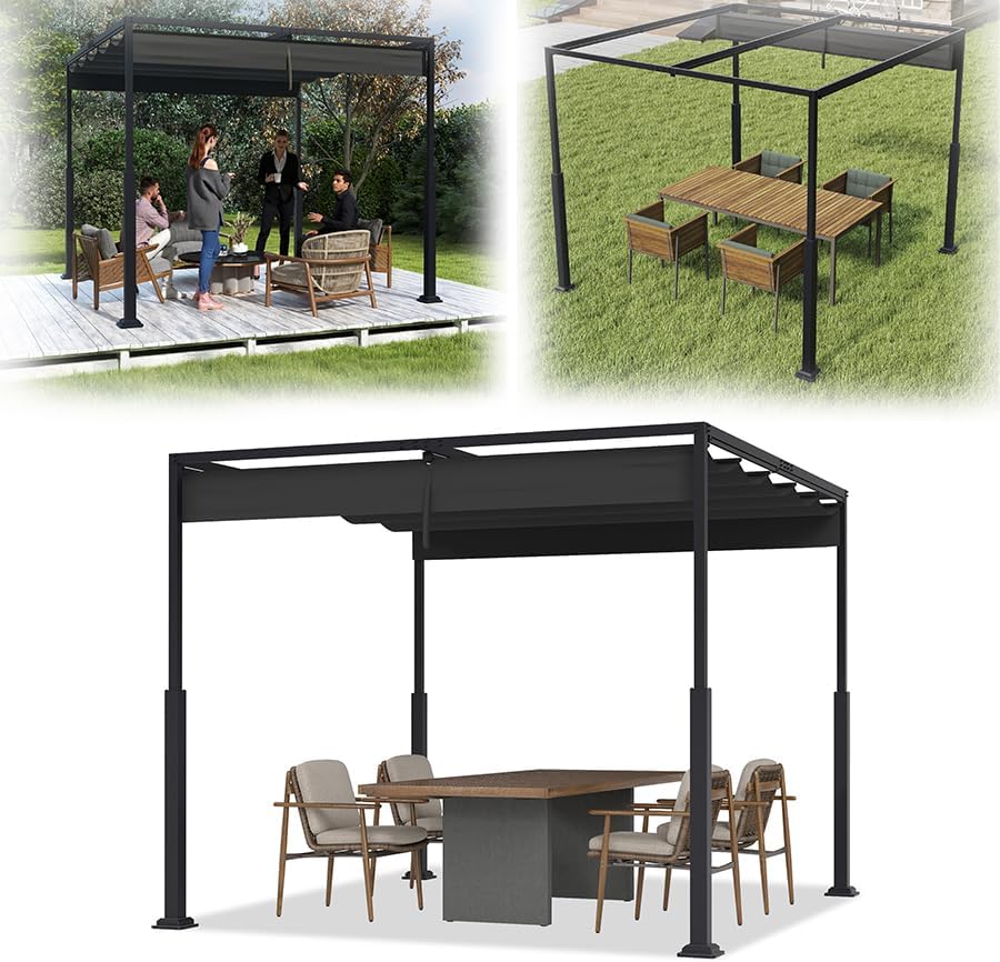 Tenda de jardim, VA-Cerulean, 3 × 3 m, 160g, 8 × 8 cm, 300 × 300 cm, 300 × 400 cm, regulável, poliéster, metal, Preto, para utilização no exterior