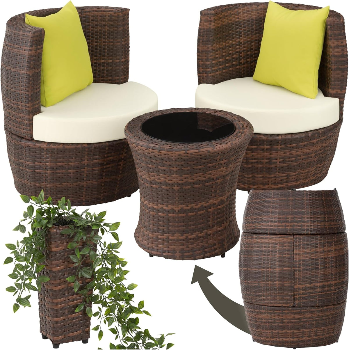 Conjunto de mobiliário de jardim, tectake, Rattan, com portas, alumínio, ratã, Castanho / Creme / Amarelo, para utilização no exterior
