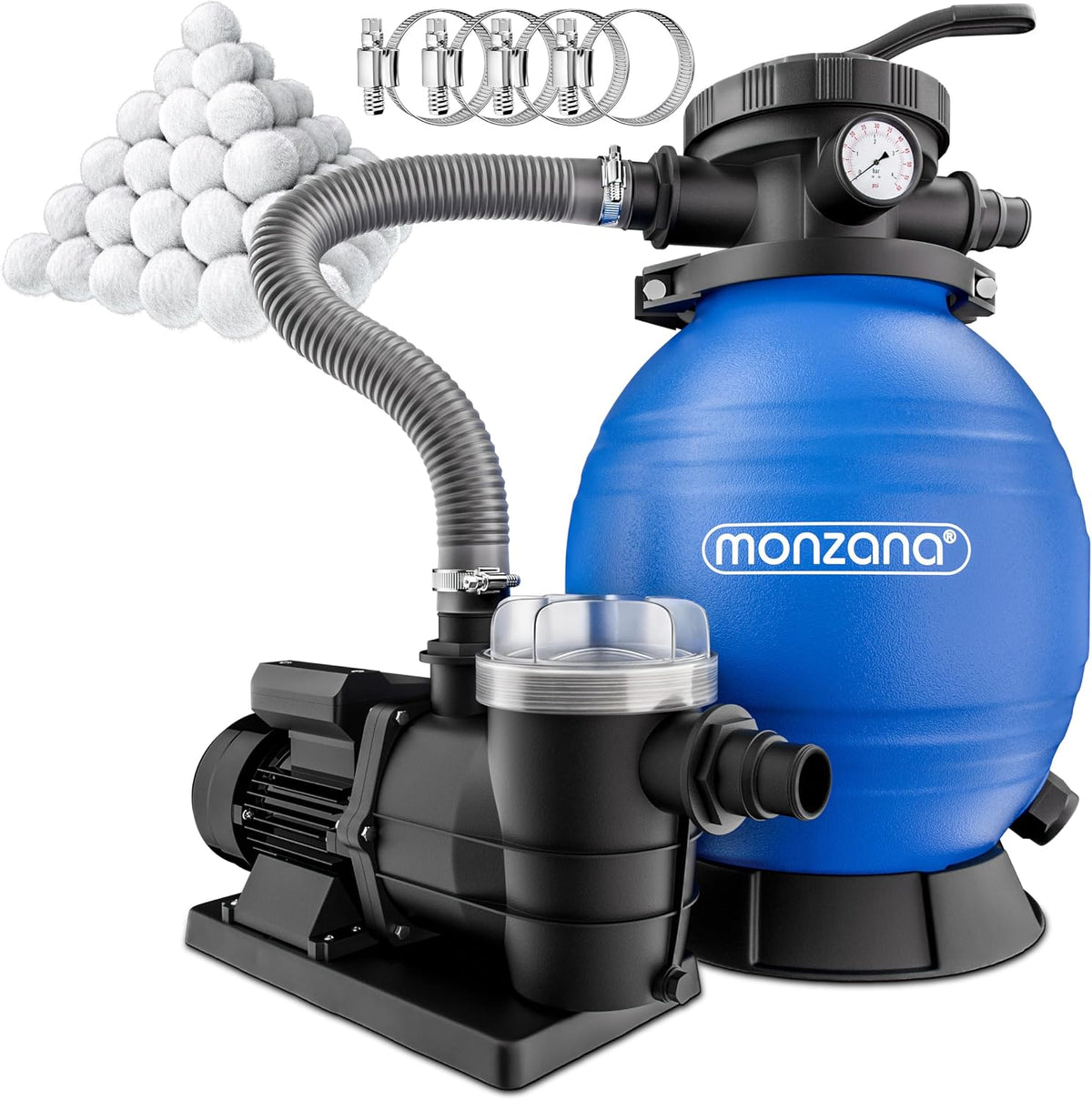 Filtro, Monzana, Sandfilteranlage, 9.600L/h, 30.000L, 400W, 9.600L, plástico, metal, Azul / Preto, para uso diário