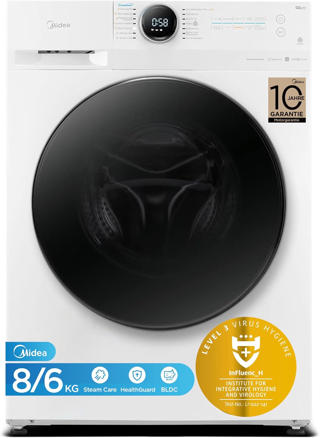 Máquina de lavar e secar roupa, Midea, MF200D86WB-14DAS, 6kg, 48 cm, 8 kg, 1 kg, com comando à distância, com controlo por aplicação, algodão