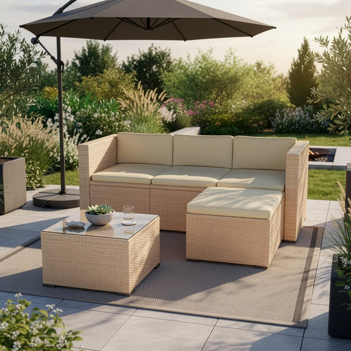 Conjunto de mobiliário de jardim, Juskys, Polyrattan, 5 cm, 37 cm, 61 × 61 × 37 cm, aço, ratã, Bege / Creme, para utilização no exterior
