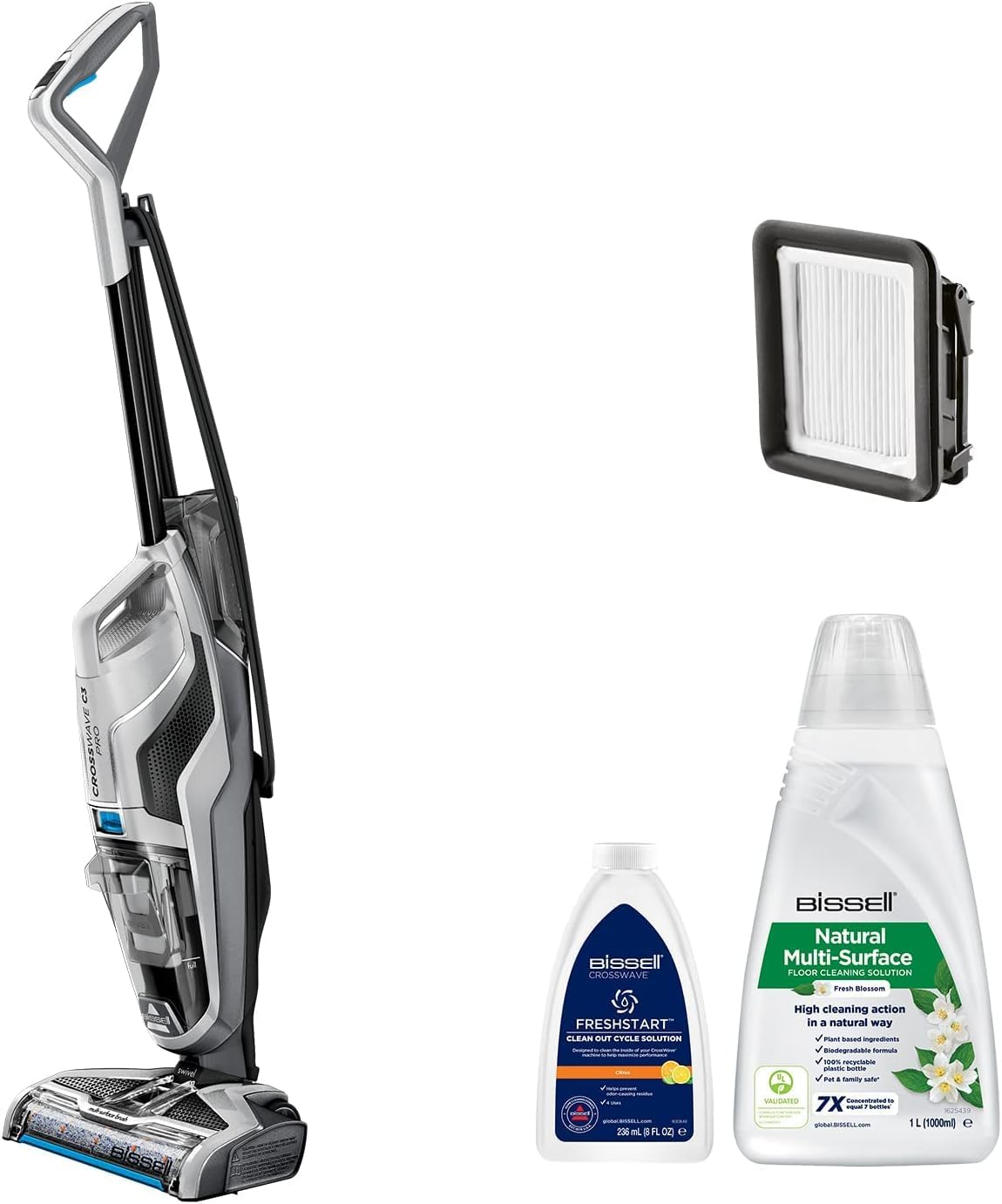 Aspirador de sólidos e líquidos, Bissell, CrossWave, 0,82 l, 0,62 l, 1L, com função de autolimpeza, madeira, Prateado / Preto, para uso diário