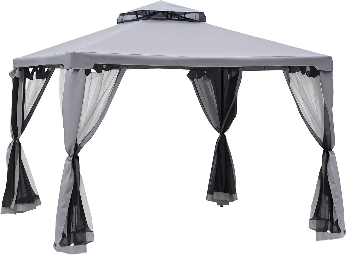 Tenda de jardim, Outsunny, 3 × 3 m, 160 g, 195 cm, 44,3 kg, 294 × 294 × 265 cm, resistente à água, poliéster, tecido, Cinzento, para jardim e exterior