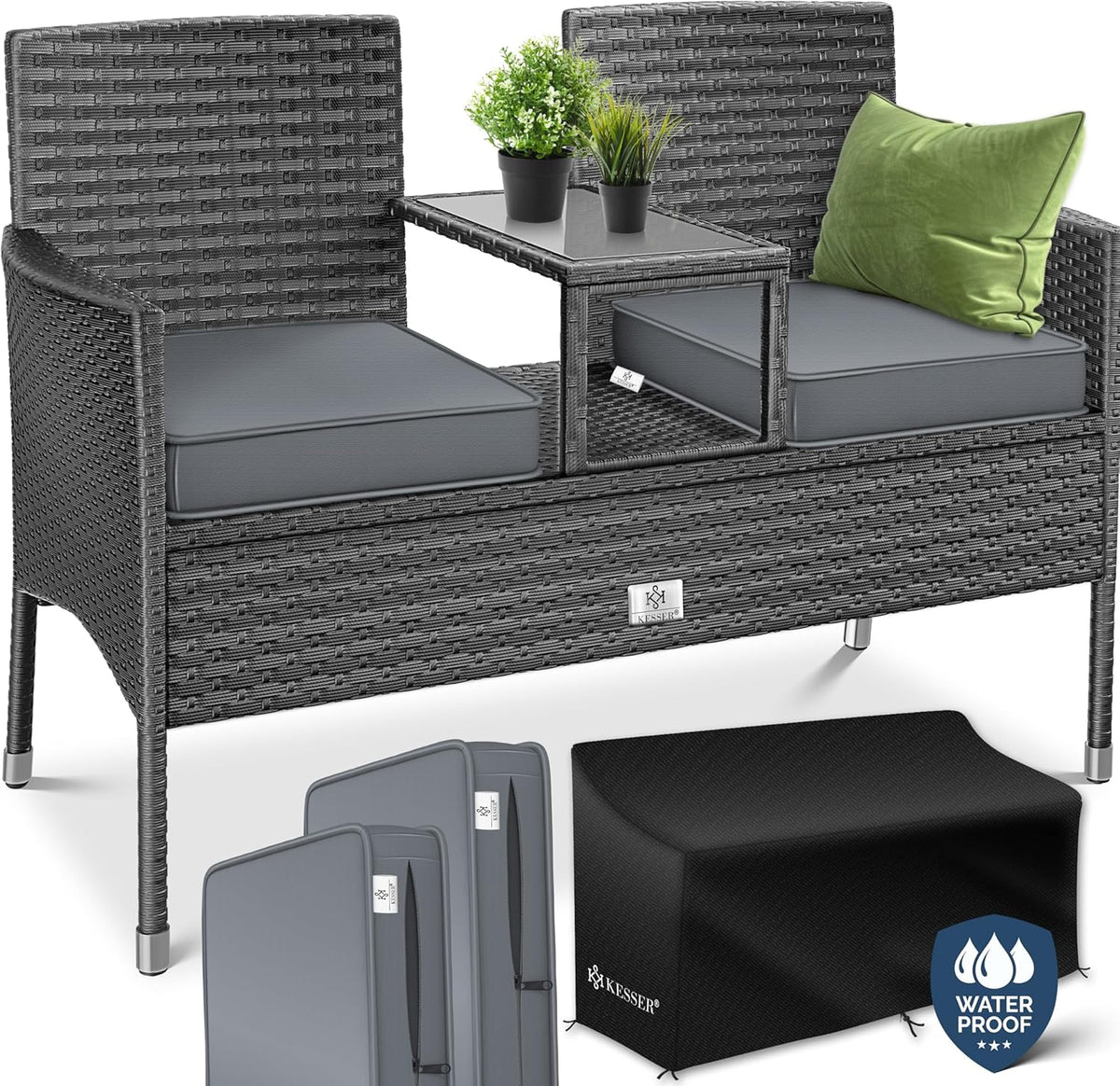 Conjunto de mobiliário de jardim, KESSER, Polyrattan, 143 × 63 × 88cm, altura regulável, regulável, ratã, poliéster, Antracite / Cinzento / Verde