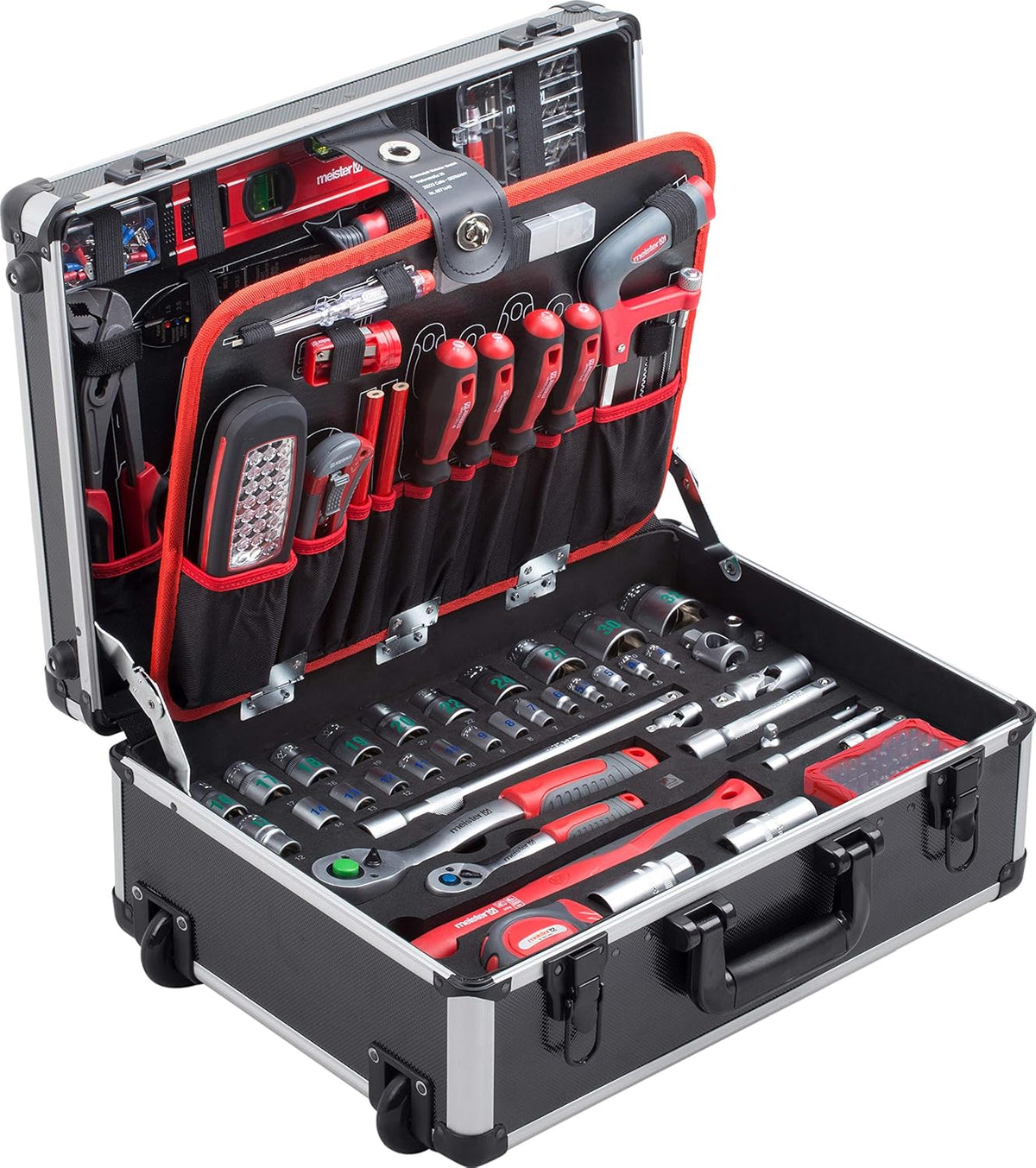 Conjunto de ferramentas, Meister, Werkzeugtrolley, 14 kg, 460 × 350 × 190 mm, com rodas, alumínio, Preto / Prateado / Vermelho