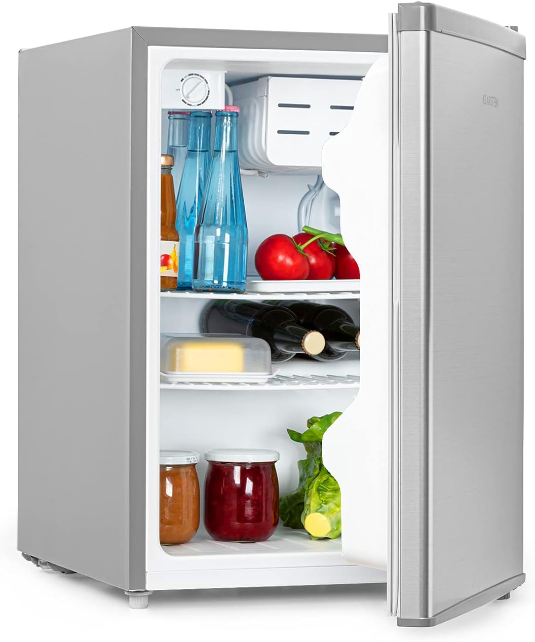 Minifrigorífico, KLARSTEIN, 66 L, 51 cm, 42 db, 45 × 63 × 51 cm, classe E, aço inoxidável, aço, Prateado, para uso diário