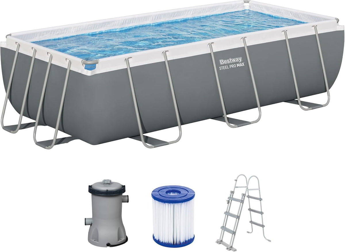 Piscina com estrutura metálica, Bestway, Power, 100 cm, 404 × 201 × 100 cm, 2.006 l/h, 640 cm, 132 cm, aço, madeira, Cinzento