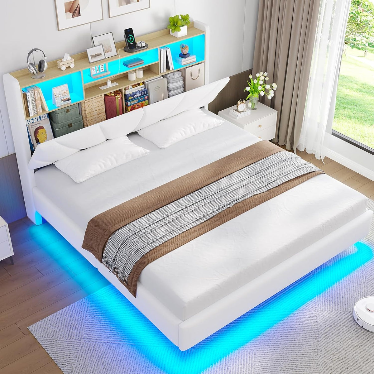 Cama, Brinlawb, Schwebebett, 140 × 200 cm, 200 cm, com iluminação LED, Branco / Azul / HellCastanho, para o quarto