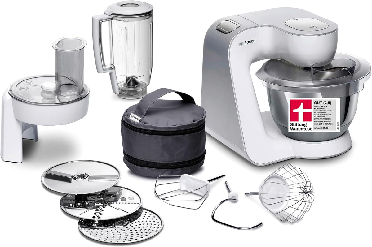 Bosch, Robô de cozinha, MUM58W20, 3,9 L, 1,25 L, 1000 W, 1 kg, aço inoxidável, aço, Branco / Prateado, para a cozinha