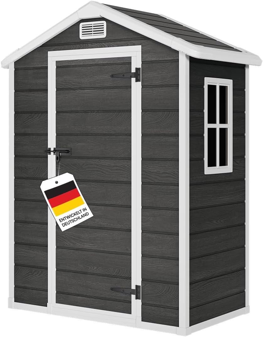 Abrigo de jardim, STEELSØN, Novara, 202 × 103 × 134 cm, 134 cm, 122 cm, 103 × 134 cm, 92,5 × 122 cm, plástico, DunkelCinzento / Branco